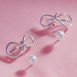 2Pairs - Metal Wire Bow Pearl Stud Earrings
