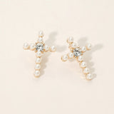 Rhinestone Center Pearl Beaded Cross Stud Earrings