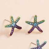 Stone Paved Colored Metal Starfish Stud Earrings