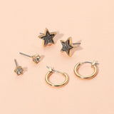 3Pairs - Brass Metal Round Stone Druzy Star Hoop Earring Set