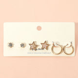 3Pairs - Brass Metal Round Stone Druzy Star Hoop Earring Set