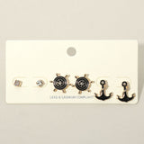 3PCS - Stone Embellished Enamel Ship Wheel Anchor Stud Earring Set