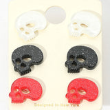 3Pairs - Glittered Resin Skull Stud Earring Set