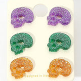 3Pairs - Glittered Resin Skull Stud Earring Set