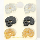 3Pairs - Glittered Resin Skull Stud Earring Set
