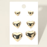 3Pairs - Metal Heart Stud Earring Set