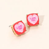 LOVE YOU Message Heart Square Cushion Stud Earrings