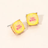 YOU ROCK Message Heart Square Cushion Stud Earrings