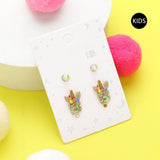 2Pairs - B Round Stone Unicorn Initial Monogram Stud Kids Earrings