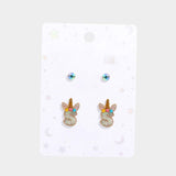 2Pairs - S Round Stone Unicorn Initial Monogram Stud Kids Earrings
