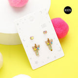 2Pairs - T Round Stone Unicorn Initial Monogram Stud Kids Earrings