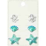 3Pairs - Metal Octopus Enamel Seashell Starfish Stud Earring Set