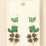 3Pairs - St Patricks Clover Boot Beer Mug Stud Earring Set