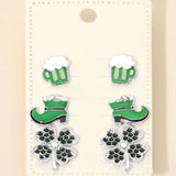 3Pairs - St Patricks Clover Boot Beer Mug Stud Earring Set