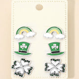 3Pairs - St Patricks Clover Hat Rainbow Stud Earring Set
