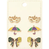3Pairs - Mardi Gras Mask Umbrella Bow Stud Earring Set