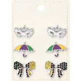 3Pairs - Mardi Gras Mask Umbrella Bow Stud Earring Set
