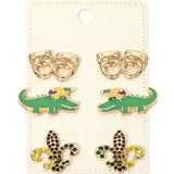3Pairs - Mardi Gras Mask Crocodile Fleur de Lis Stud Earring Set