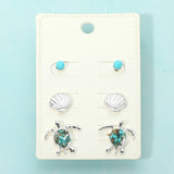 3Pairs - Sea Shell Sea Turtle Stud Earring Set
