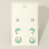 3Pairs - Ocean Theme Shell Dolphin Wave Stud Earring Set