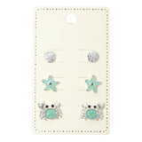 3Pairs - Ocean Theme Sand Dollar Starfish Crab Stud Earring Set