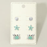 3Pairs - Ocean Theme Sand Dollar Starfish Crab Stud Earring Set