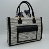 Woven Tweed Structured Laptop Tote Bag with Front Slip Pocket and Crossbody Strap