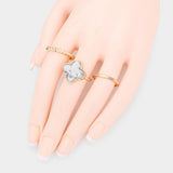3PCS - Semi Precious Quatrefoil Metal Band Mixed Rings