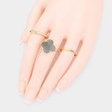 3PCS - Semi Precious Quatrefoil Metal Band Mixed Rings