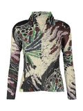 Women Pleated Print Long Sleeve Polo Shirt