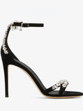 Black High Heels Women's Stiletto Heels Celebrity Style Versatile Slotted Buckle Rhinestone Open Toe Round Toe Sandals
