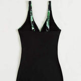New Leaf Print Color Matching Boxers One-piece Swimsuit