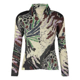 Women Pleated Print Long Sleeve Polo Shirt