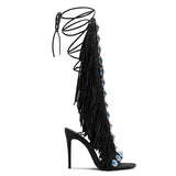 suede tassel jewel lace-up high heels - AfterAmour