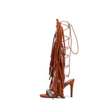 suede tassel jewel lace-up high heels - AfterAmour