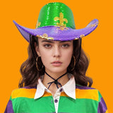 Sequin Fleur de Lis Patterned Mardi Gras Fedora Hat