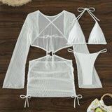 Special Mesh Hollowed Drawstring Strap Swimsuit Swimsuit Bikini Three-piece Set