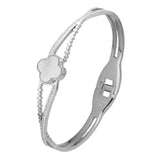 Mother Of Pearl Stone Paved Stainless Steel Hinged Bangle Bracelet