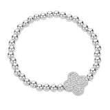 Stainless Steel Stone Paved Quatrefoil Charm Pointed Stretch Bracelet