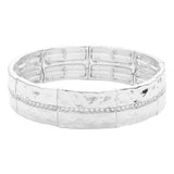 Stone Paved Line Center Pointed Hammered Metal Stretch Bracelet