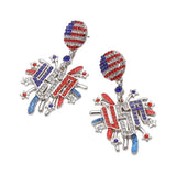 Women's Stone Paved American USA Flag Accent Enamel Message Firework Dangle Stud Earrings 4th of July