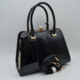 Patent Frame Satchel Handbag with Top Handles and Pearl Clasp