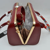 Glossy Patent Leather Barrel Handbag with Scarf-Wrapped Handle