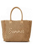 SUMMER Letter and Gold Lurex Woven Straw Fringe Tote Bag