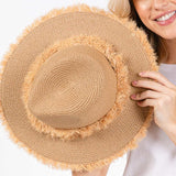 Frayed Band and Trip Straw Sun Hat