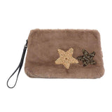 Star Patches Fuzzy Faux Fur Wristlet Clutch Bag