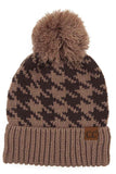 C.C Houndstooth Knit Beanie With Pom