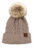 C.C Soft cuff Beanie in Mixed Cable Pattern with Faux Fur Pom