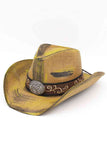 Ornate Oval Buckle Faux Leather Band Antique Wash Cowboy Hat