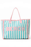 BEACH Letter with Striped Pattern and Frayed Summer Tote Bag